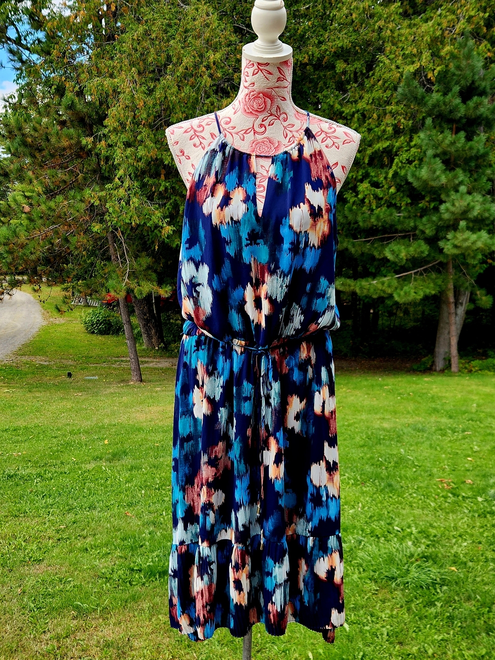 Navy Multicolor Halter Tie-Waist Midi Dress